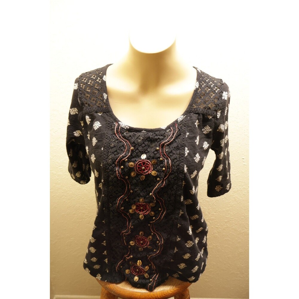 Lucky Brand Womens Small Black Lace Boho Embroidered Sequin Top 3/4 Sleeve S